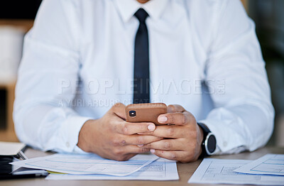 Buy stock photo Phone, search and hands of business man in office for networking, documents and financial advisor. Technology, email and corporate with closeup of employee for website, paperwork and accounting