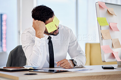 Buy stock photo Tax, problem and business man with sticky note in office for debt, audit or financial crisis on computer. Stress, tired or professional with burnout for mistake, fail or bankruptcy, bills or reminder