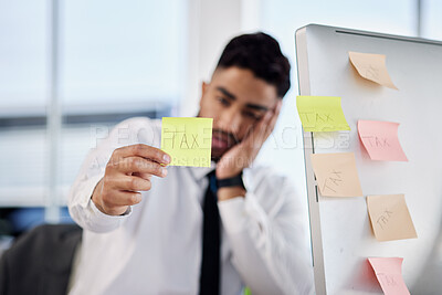 Buy stock photo Tax, hand and business man with sticky note in office for debt, audit fail and financial crisis on computer. Stress, problem and professional with paper reminder for bankruptcy, bills and challenge