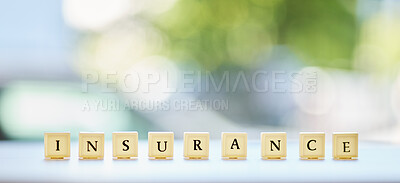 Buy stock photo Insurance, word or message on wood blocks or letters writing about life or healthcare in an emergency or accident mockup. Planning for medical, health or banner for security and safety in the future