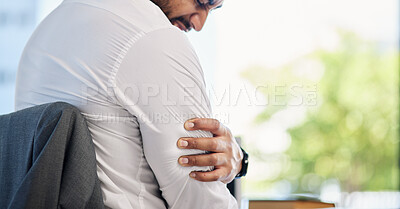 Buy stock photo Businessman, pain in arm or injury to muscle from accident, stress or strain in the office, workplace or medical emergency at work. Man, sore arms or strain on muscles from working or activity
