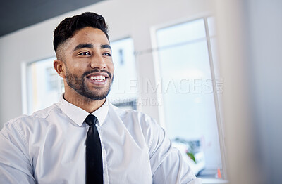 Buy stock photo Professional, man and success with smile at office for career as financial consultant or worker. Broker, happy and face at corporate workplace with business male or employee with positive expression.