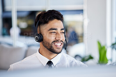 Buy stock photo Telecom sales, telemarketing and man with customer service, talking and communication with headphones. Male person, consultant and happy employee with a headset, crm and call center with tech support