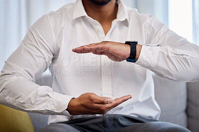 Buy stock photo Hands, mockup and product with a business man sitting on the sofa in an office to offer insurance or cover. Advertising, marketing and size with a male employee holding space for a brand or logo