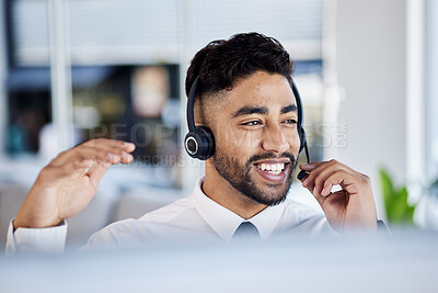 Buy stock photo Call center, telemarketing and man with customer service, talking and communication with headphones. Male person, happy consultant and employee with a headset, crm and tech support with telecom sales