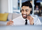 Call center, telemarketing and man with customer service, communication and crm with headphones. Male person, happy consultant or agent with a headset, professional or tech support with telecom sales