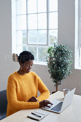 Buy stock photo Remote work from home, business and black woman with a laptop, typing and deadline with happiness, connection and internet search. Female person, lady or entrepreneur with a pc or website information