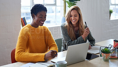 Buy stock photo Teamwork, writer and women planning on laptop in creative startup company. Collaboration, copywriter and happy people with computer to work on business project, brainstorming and research on internet