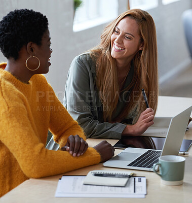 Buy stock photo Collaboration, writer and women on laptop in creative startup company for brainstorming. Teamwork, copywriter and happy people with computer for business project, planning or research on the internet