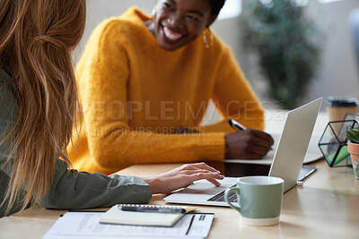 Buy stock photo Teamwork, copywriter and women on laptop in creative startup company for brainstorming. Collaboration, writer and happy people with computer for business project, planning or research on the internet