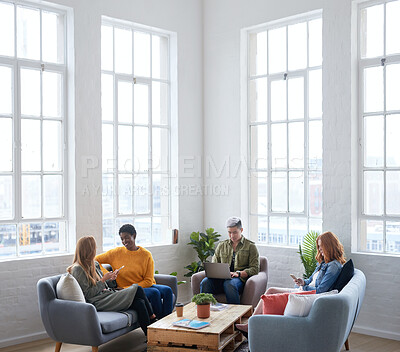 Buy stock photo Creative, meeting and team in the office lounge or coworking space planning a project in collaboration. Teamwork, diversity and business people working together with technology on a sofa in workplace