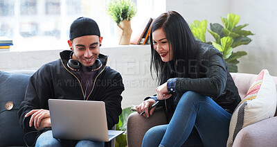 Buy stock photo Laptop, education and student friends in the breakroom of a university campus for a study assignment. Technology, research or information with a man and woman pupil at college together for learning