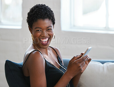 Buy stock photo Happy, black woman with smartphone and portrait, chat on social media with laughing at home. Communication, female person and funny text message, using phone and mobile app with email and contact