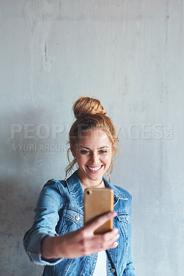 Buy stock photo Selfie, mockup and happy woman on social media with phone in hand, smile and wall background. Face of young content creator, digital photography and girl streaming video space with online mobile app.