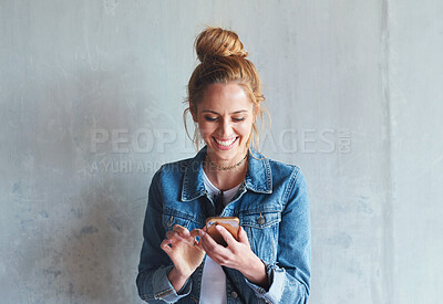 Buy stock photo Young woman, smartphone and funny chat, social media and meme online with happiness. Communication, technology and female person laugh while using phone, app and internet search with mockup space