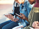 friends using smartphones group of students browsing social media messages on mobile phones in city