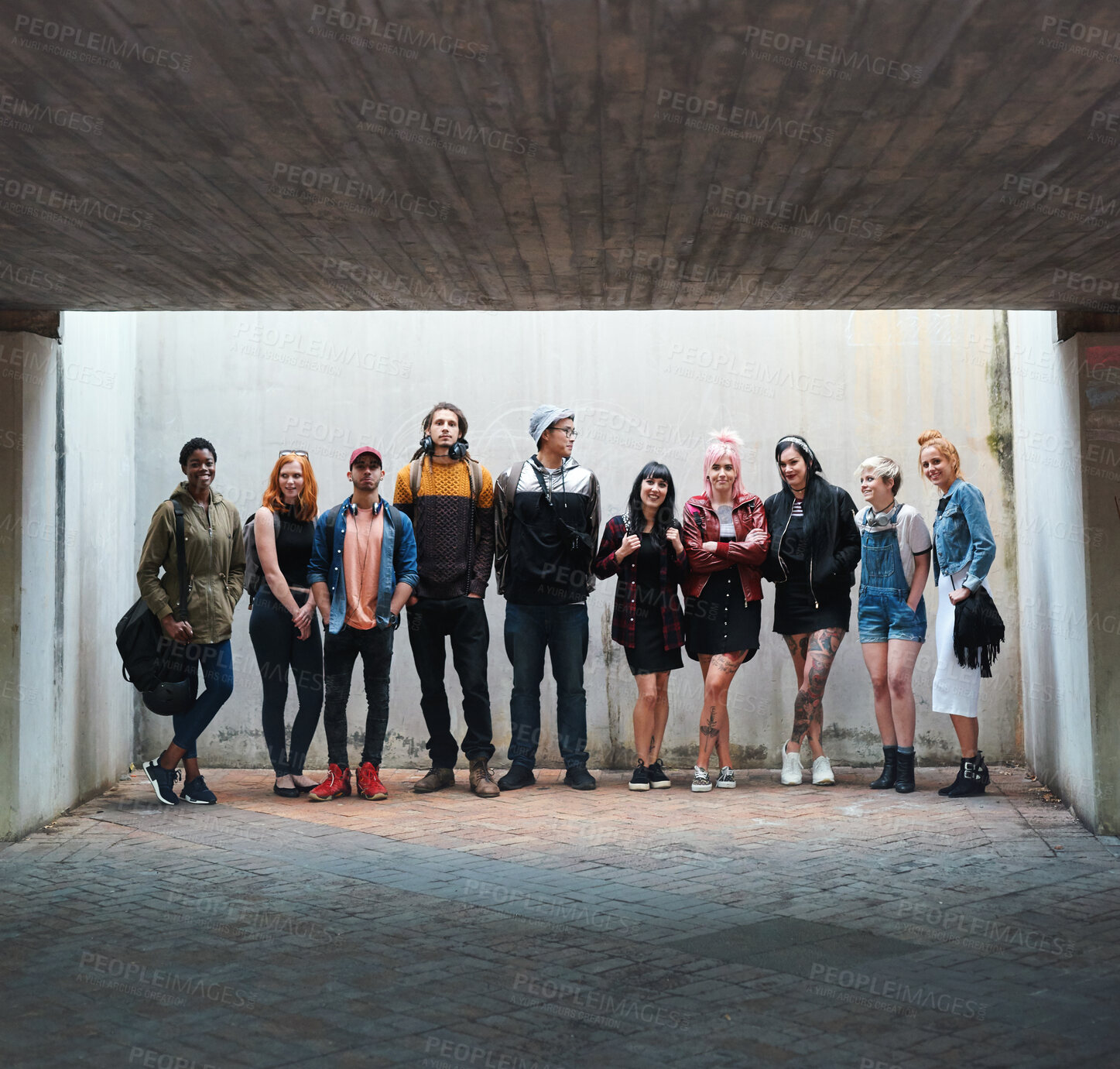 Buy stock photo Group portrait, diversity or teenager with friends together in gen z, fashion or urban style for city, town or basement. People, community or teen student in casual streetwear for the weekend