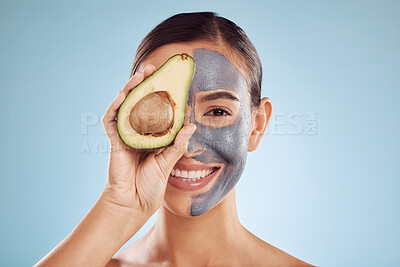 Buy stock photo Avocado, face mask and woman in portrait for natural skincare, beauty and spa on studio blue background. Happy person or model with charcoal facial, green fruits and vitamin d benefits in dermatology