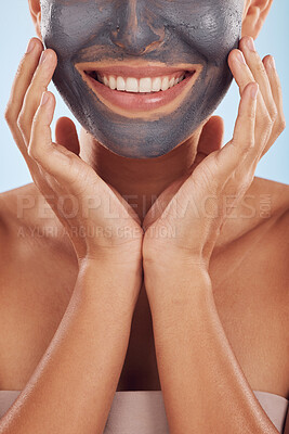 Buy stock photo Face mask, skincare and woman with dermatology, closeup and girl on a blue studio background. Zoom, female person and model with cosmetics, glow and aesthetic with hydration, charcoal and self care