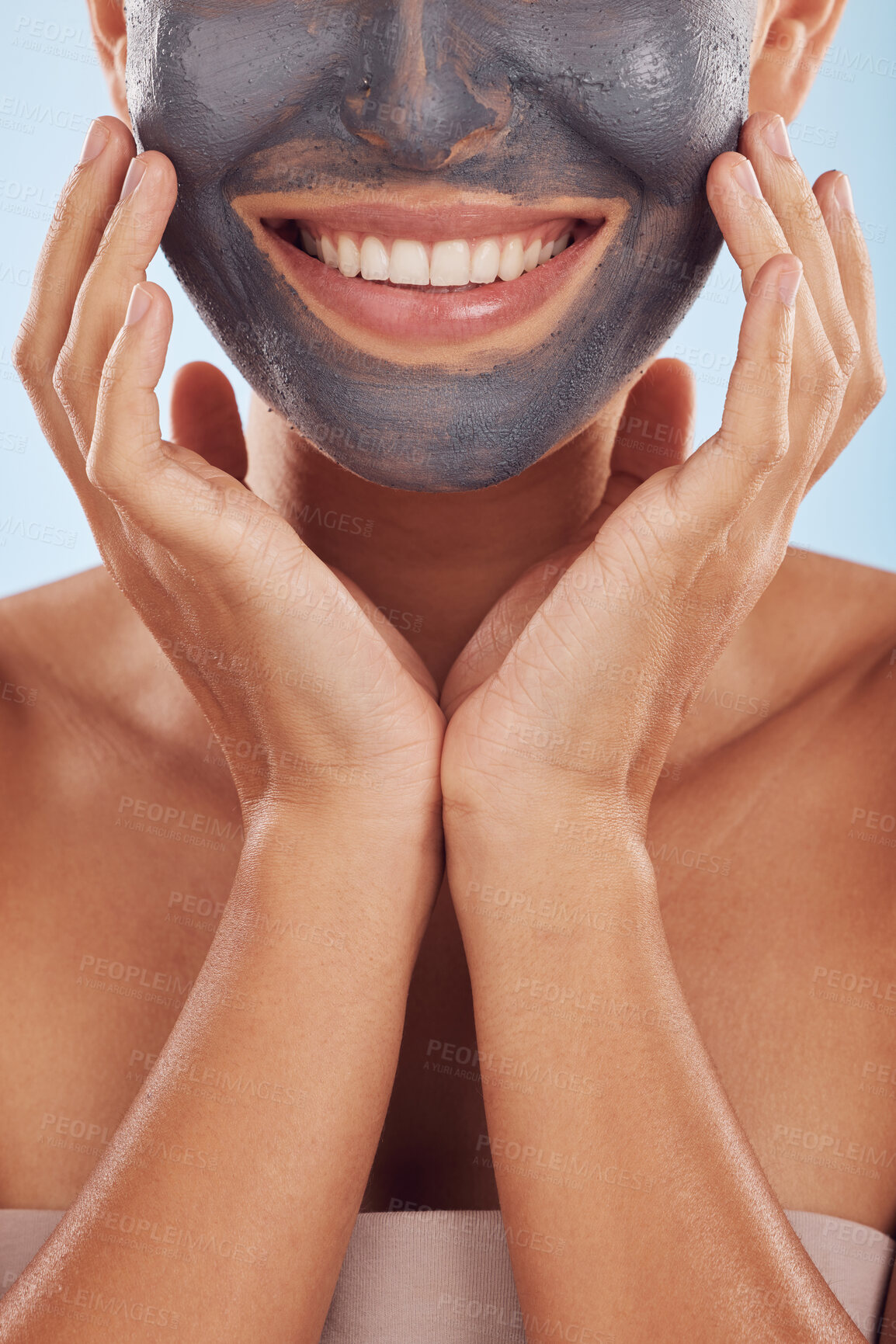 Buy stock photo Face mask, skincare and woman with dermatology, closeup and girl on a blue studio background. Zoom, female person and model with cosmetics, glow and aesthetic with hydration, charcoal and self care