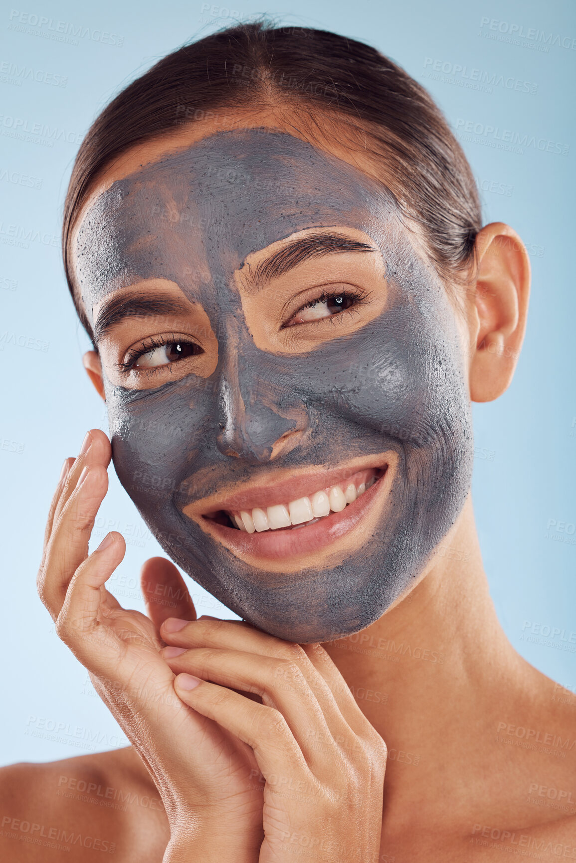 Buy stock photo Woman thinking, face mask and charcoal for skincare, natural beauty and cosmetics benefits on studio, blue background. Ideas of happy person or model with facial collagen, skin care and dermatology