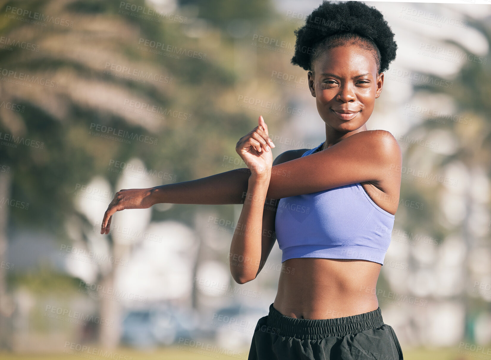 Buy stock photo Portrait, exercise and stretching with a black woman runner outdoor for the cardio or endurance training of her body. Fitness, health or running with a young athlete getting ready to workout