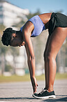 Profile, fitness and stretching with a black woman runner outdoor on a blurred background for cardio or endurance training. Exercise, health or running with a sports person getting ready to workout