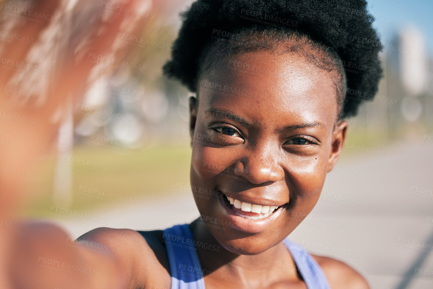 Buy stock photo Selfie, fitness and black woman with exercise, outdoor and training with workout goal, profile picture and wellness. Portrait, female person and girl with a smile, social media and memory with sports