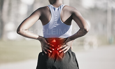 Buy stock photo Runner woman, back pain and street with hands, emergency and problem with spine, muscle and training. Girl, running injury and accident with red glow on skin at workout, outdoor exercise and fitness