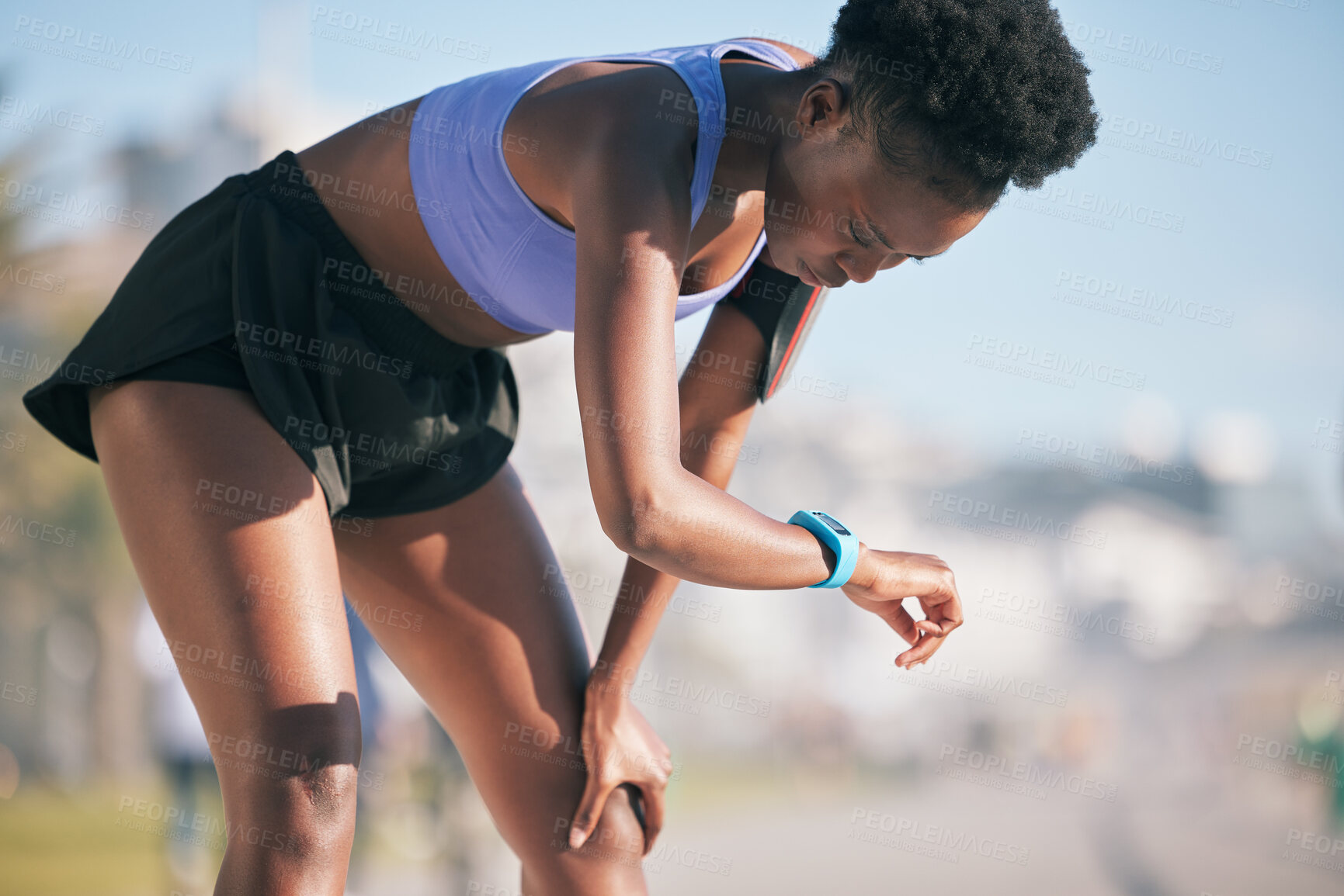 Buy stock photo Outdoor, fitness and black woman with exercise, smart watch and challenge with wellness, breathing and health. Female person, runner and athlete with endurance, performance and progress with training