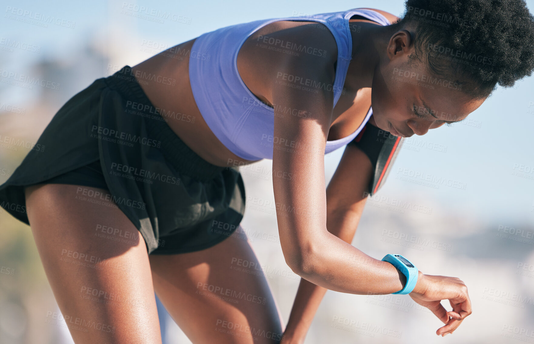 Buy stock photo Outdoor, fitness and black woman with progress, smart watch and target with exercise, wellness and body health. Female person, runner and athlete with tech, challenge and performance while breathing