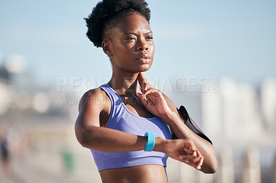 Buy stock photo Sports, workout and woman checking pulse for body wellness with smartwatch for running outdoor. Fitness, exercise and healthy African female athlete monitoring heart rate for cardio training for race