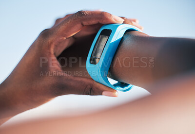 Buy stock photo Hands, smart watch and check to monitor for steps, heart rate or speed for running, health or fitness. Person, iot clock and body info on screen with wellness, exercise or training outdoor in closeup