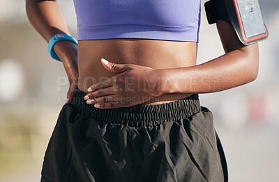 Buy stock photo Stomach, sports woman and pain from exercise injury, problem and first aid for fitness. Closeup, female athlete and hands on abdomen for emergency, muscle cramps and stress of sick, body or risk