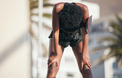 Buy stock photo Woman, tired and stop for sports, running break or workout challenge outdoor. Female athlete, rest and out of breath for fitness, exercise or fatigue of cardio marathon, training and race in sunshine