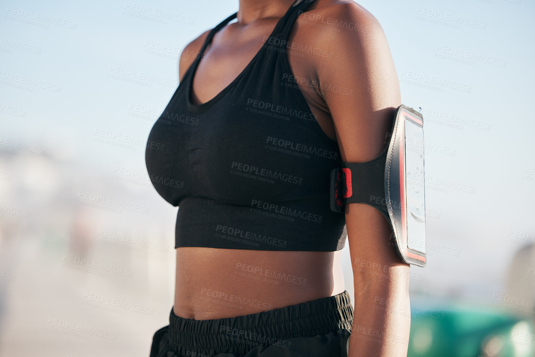 Buy stock photo Runner woman, phone and arm in closeup for wearable tech, fitness and tracking info for exercise goals. Girl, smartphone app and armband to monitor for workout, steps and progress for healthy body