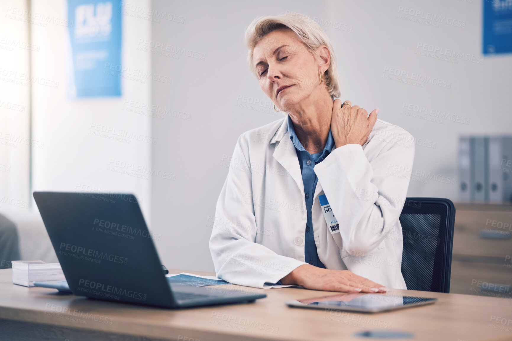 Buy stock photo Stress, woman and medical doctor with neck pain in office for muscle pressure, joint injury and overworked. Tired, burnout and mature healthcare employee with fatigue, tension and exhausted problems