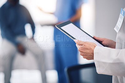 Buy stock photo Tablet, hands and doctor with mockup in hospital for healthcare services, surgery data and working in busy clinic. Closeup, medical professional and digital technology screen for planning research