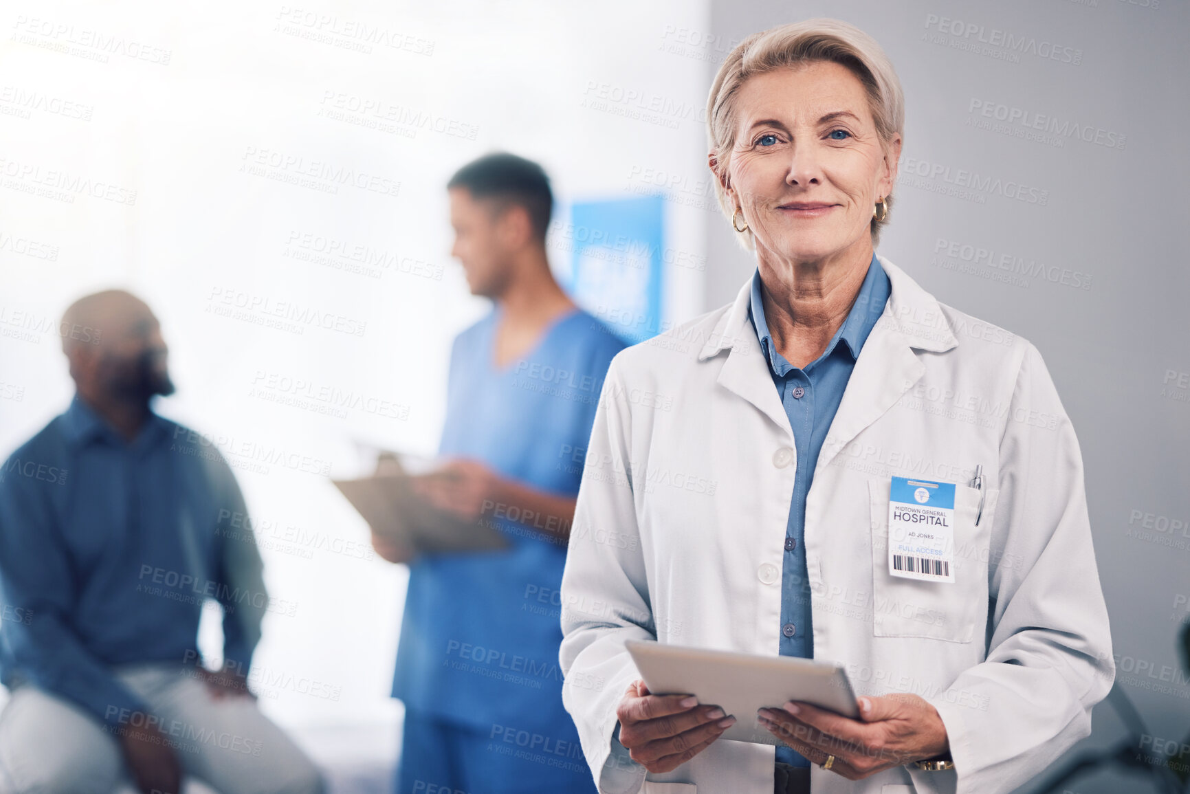 Buy stock photo Tablet, woman and portrait of doctor for healthcare services, management and working in busy hospital. Mature medical professional on digital technology for clinic research, consulting and planning