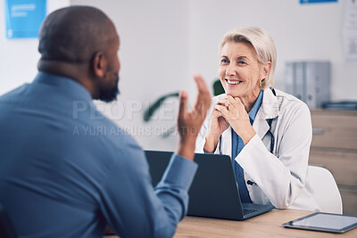 Buy stock photo Doctor, people and office consultation, talking and healthcare services, clinic support and advice with laptop. Medical professional, mature woman and patient consulting for insurance or information