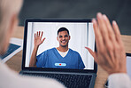 Man, doctor and laptop for video call, virtual meeting or online consultation at the hospital. Male person, medical or healthcare professional waving hello on computer for consulting or Telehealth