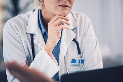 Buy stock photo Woman, doctor and listening to patient in clinic consultation for healthcare advice. Closeup of medical professional consulting with client for support, wellness service and communication of results 