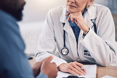 Buy stock photo Woman, doctor and listening to patient with notes for consultation, healthcare advice or clinic services. Closeup of medical therapist consulting client for surgery support, test results and feedback