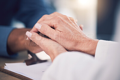 Buy stock photo Cancer, empathy and doctor holding hands of patient for care, kindness and hope. Comfort, medical professional and person consulting for wellness, healthcare and help, therapy and support in hospital