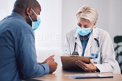 Buy stock photo Woman, doctor and writing on clipboard with patient in consultation, checkup or life insurance at hospital. Female person, medical or healthcare expert with face mask consulting customer at clinic