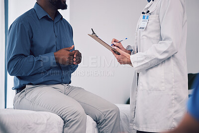 Buy stock photo Doctor, hands and writing with patient on clipboard for checkup, diagnosis or prescription at hospital. Medical or healthcare professional in consultation with customer, documents or life insurance