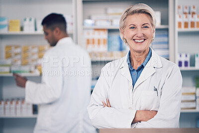 Buy stock photo Woman, portrait and pharmacist smile with arms crossed for medical services, medicine advice and healthcare support. Mature female manager working with pride in retail drugstore, pharmacy and shop 