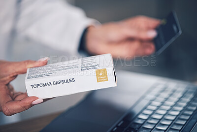 Buy stock photo Doctor, hands and box with credit card for payment, medication or tablets at pharmacy or hospital. Closeup of woman, pharmacist or medical expert with pills, debit and pharmaceuticals for transaction