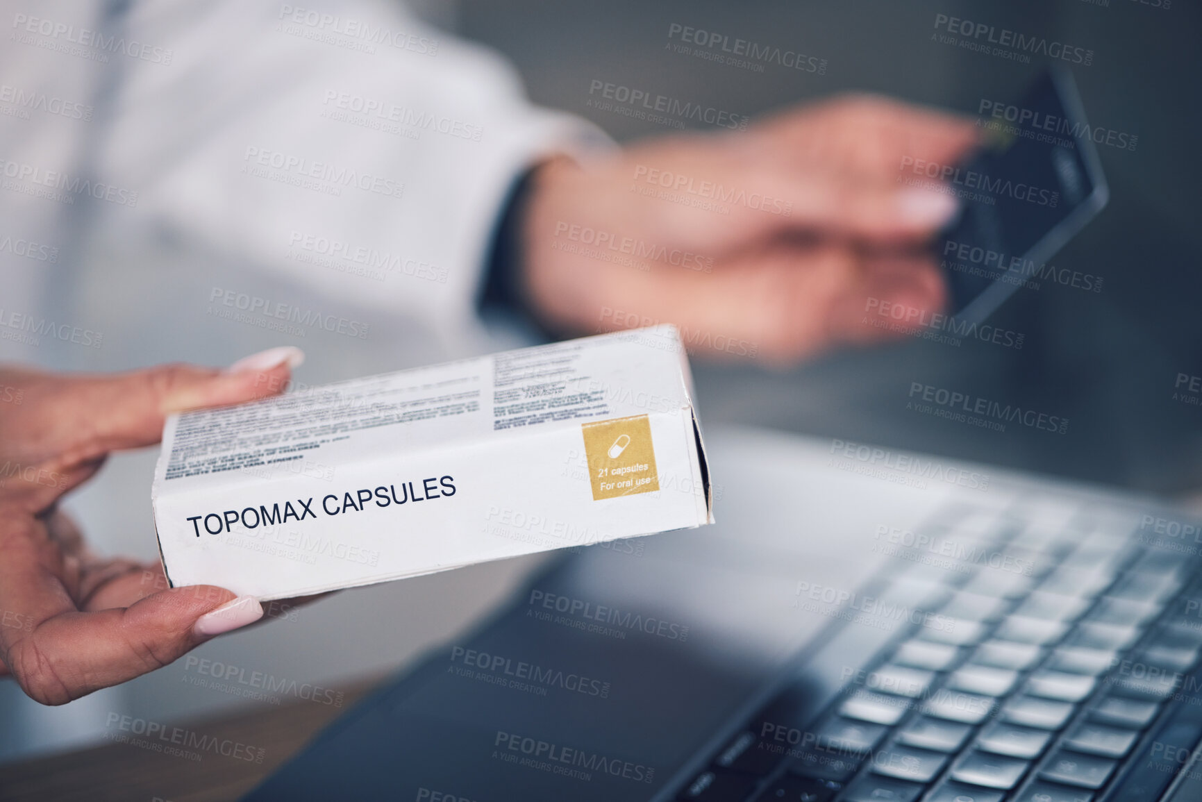 Buy stock photo Doctor, hands and box with credit card for payment, medication or tablets at pharmacy or hospital. Closeup of woman, pharmacist or medical expert with pills, debit and pharmaceuticals for transaction