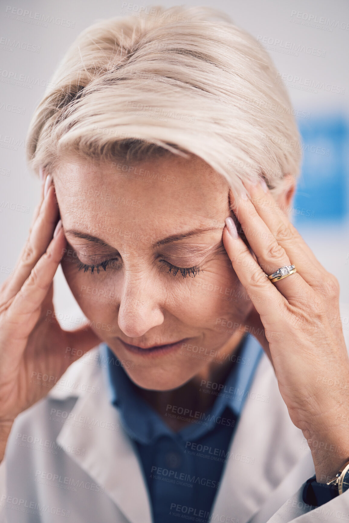 Buy stock photo Headache, face of sad doctor and woman with burnout in medical office, mental health problem and pain. Frustrated, tired and mature healthcare worker with fatigue, bad stress and anxiety of challenge